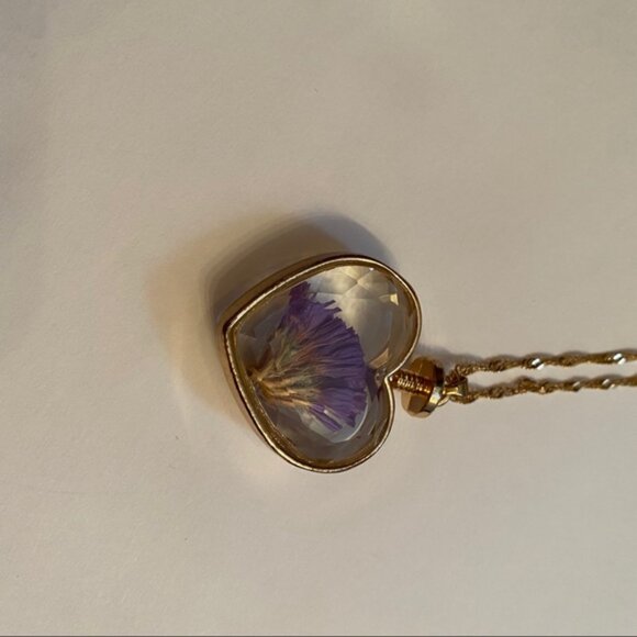 NECKLACE GOLD TONE ROPE CHAIN PENDANT HEART PURPLE FLOWER KEEPSAKE - Picture 8 of 12